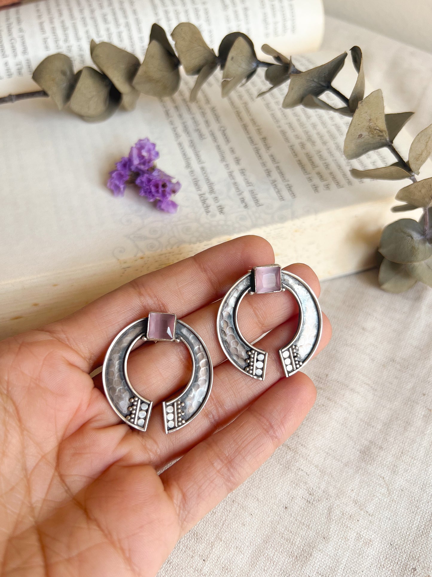 Athiya studs in silver with pink glass stone