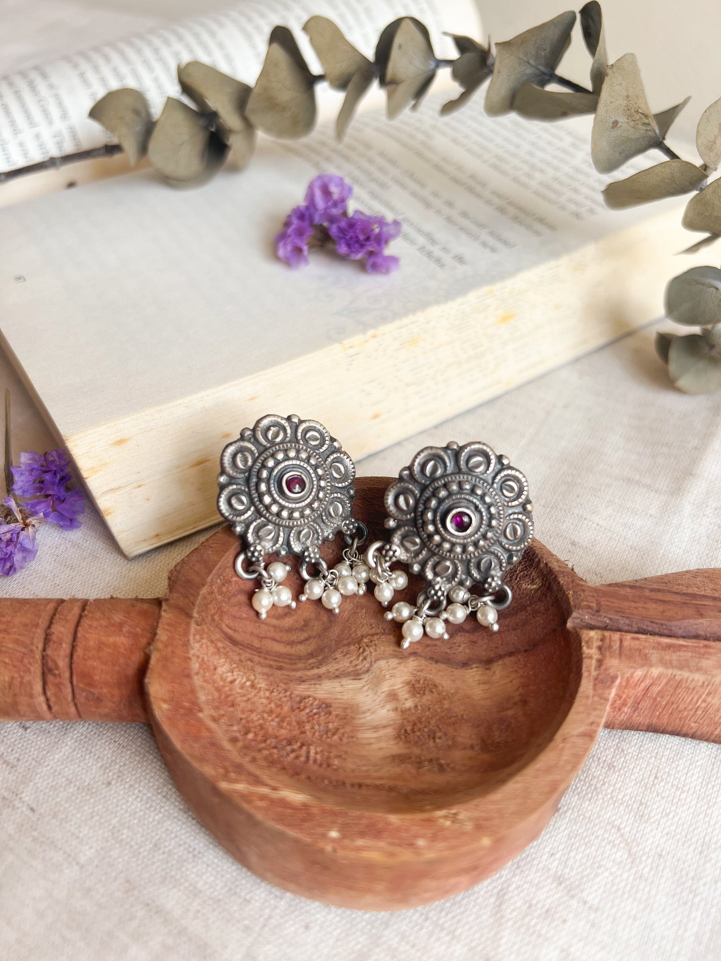 Zahra oxidised silver studs with cluster pearls