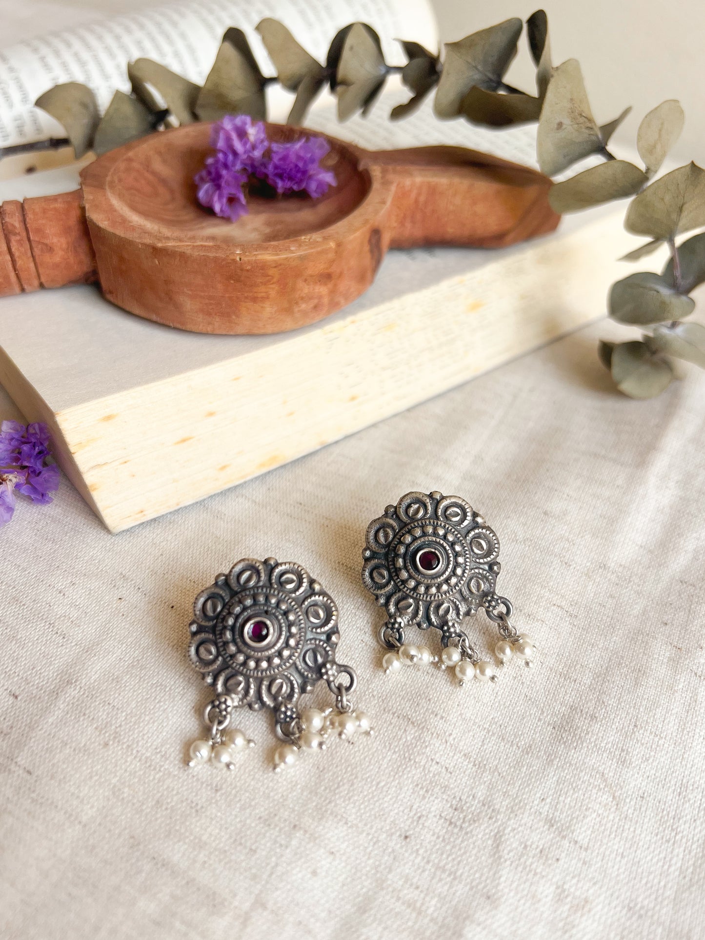 Zahra oxidised silver studs with cluster pearls