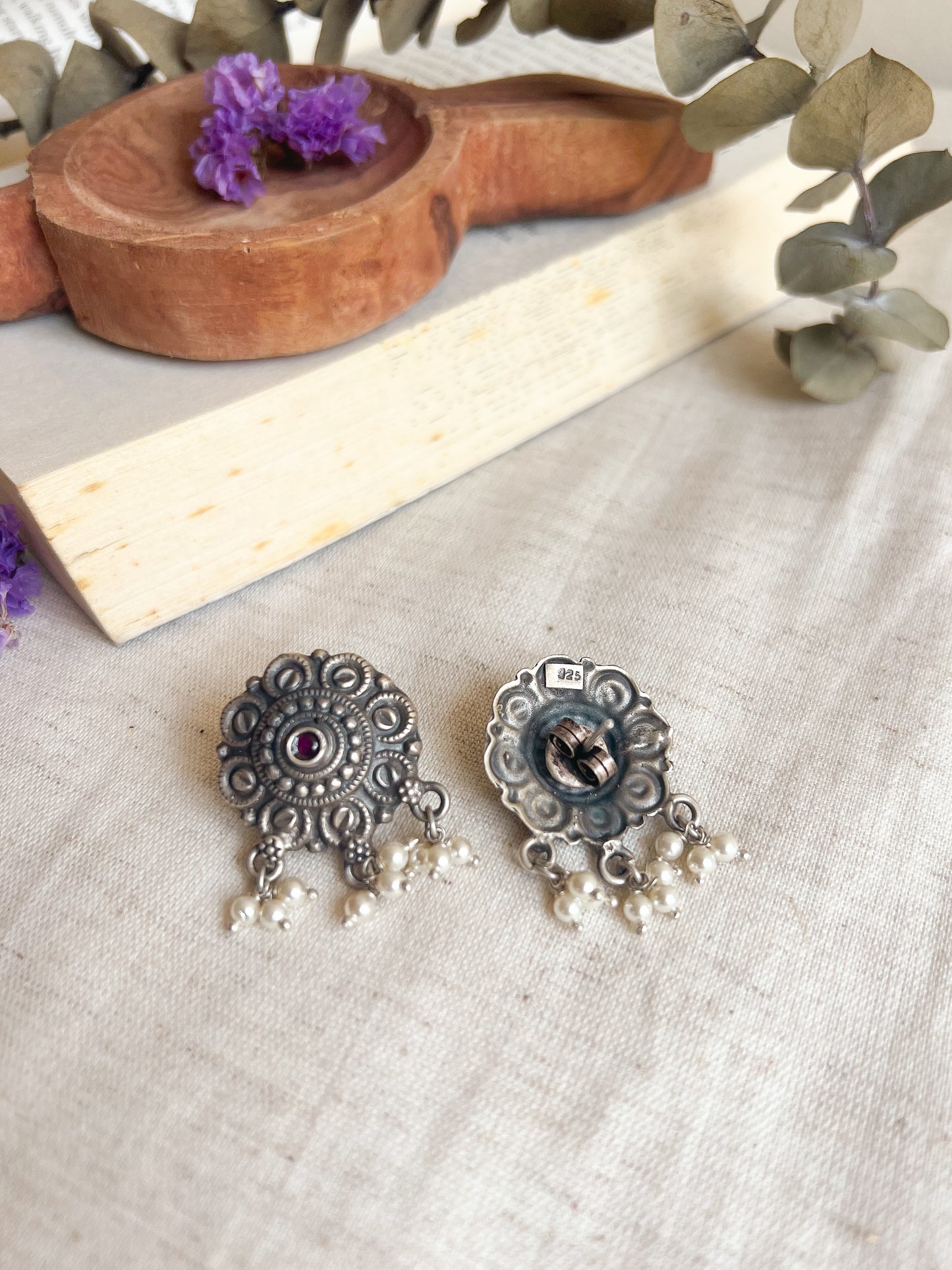 Zahra oxidised silver studs with cluster pearls