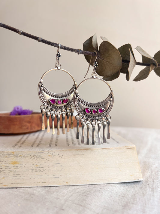 Trinetra chandbali in silver with fish hook