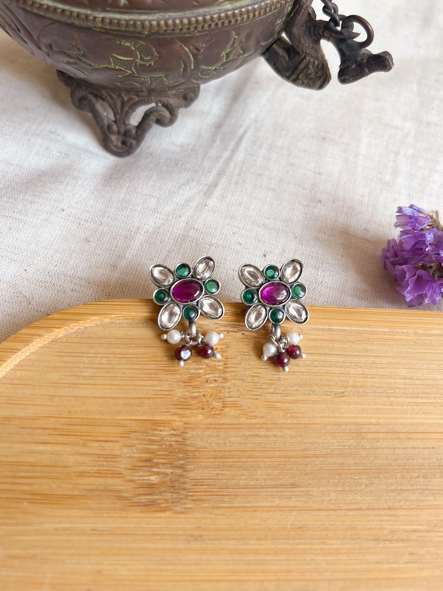 Mayur silver kundan studs with ruby cluster pearls