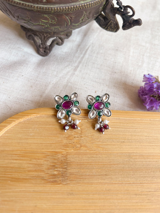 Mayur silver kundan studs with ruby cluster pearls