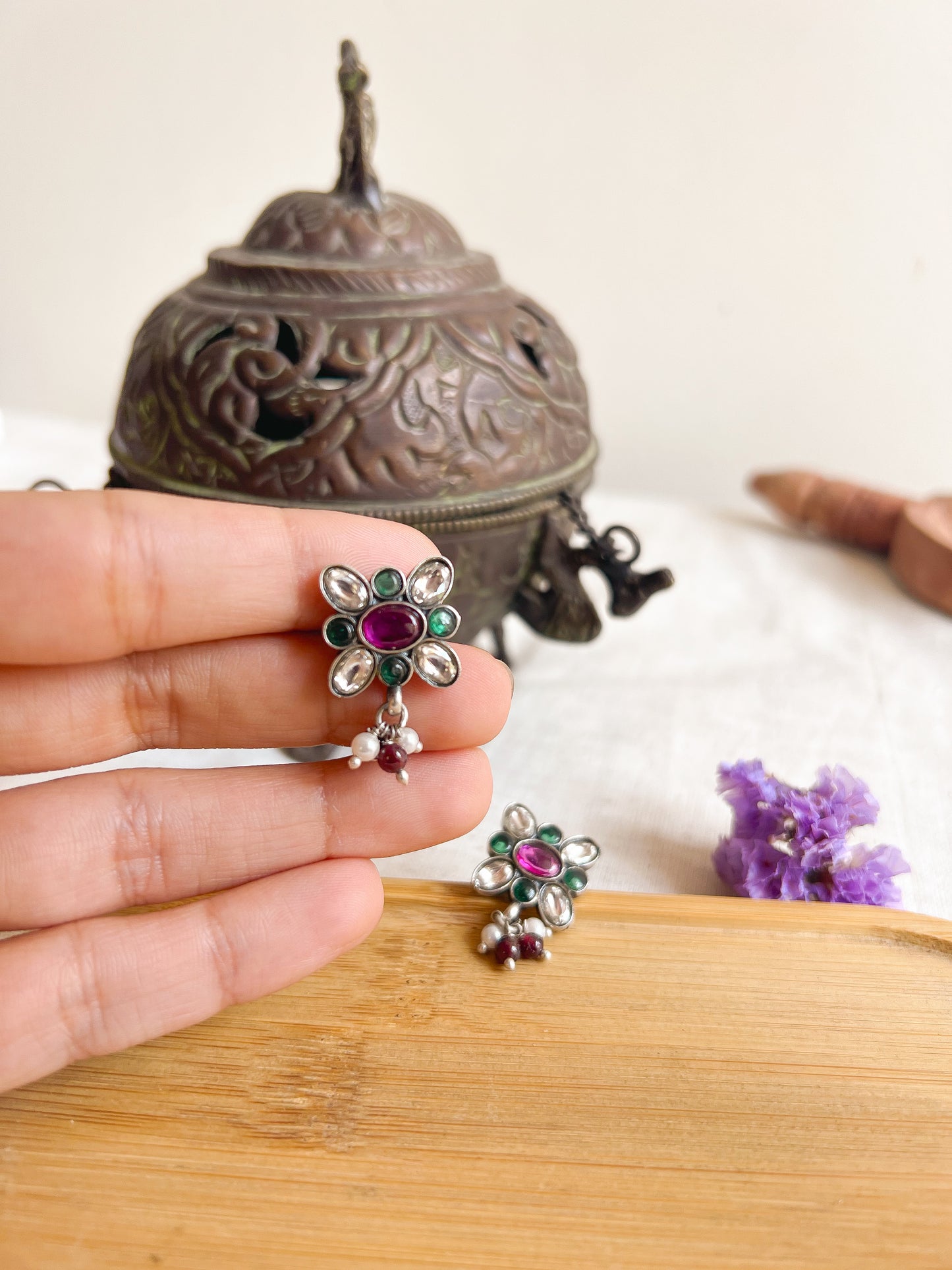 Mayur silver kundan studs with ruby cluster pearls