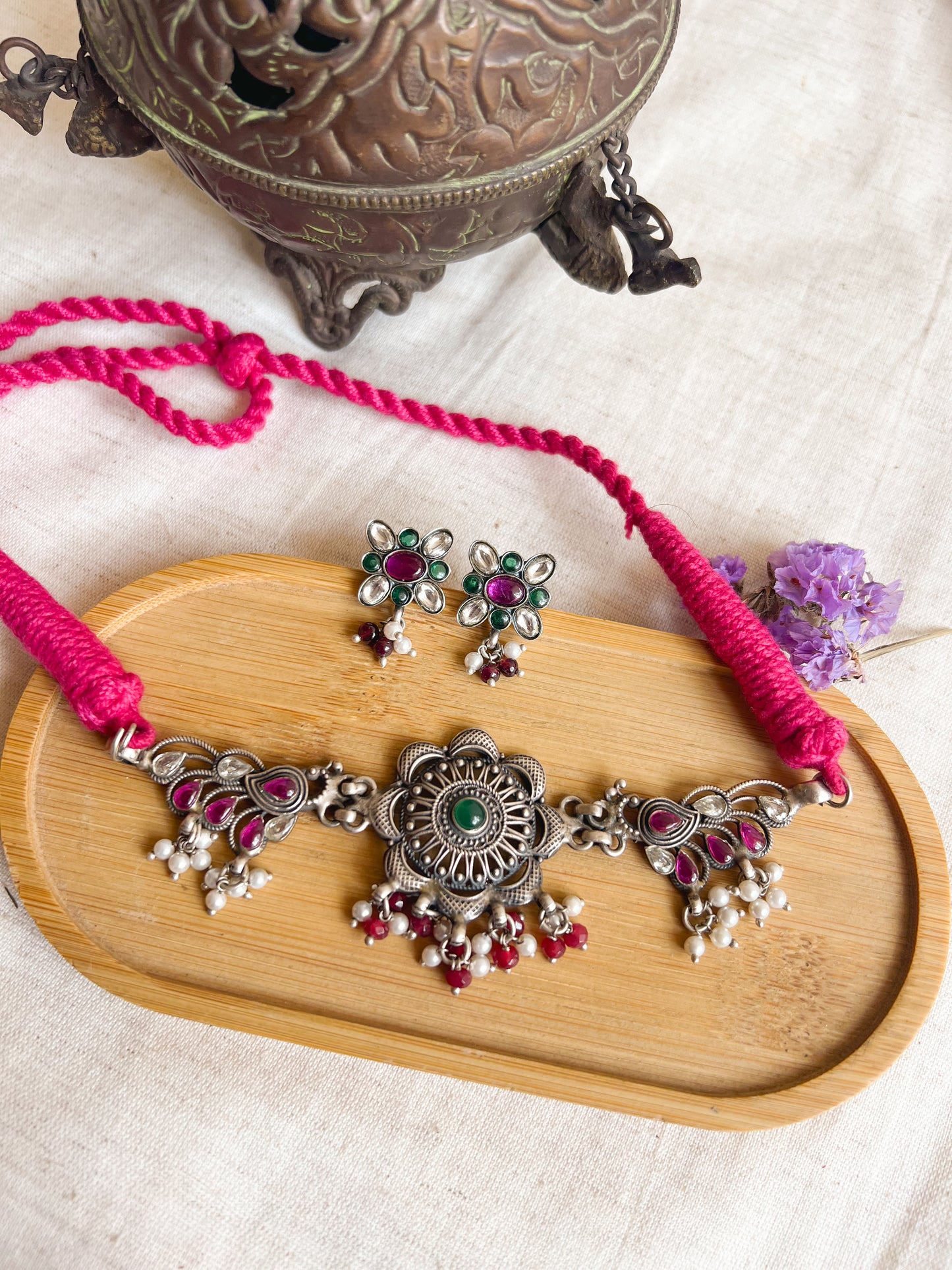 Mayur silver choker with ruby cluster pearls and jade stones