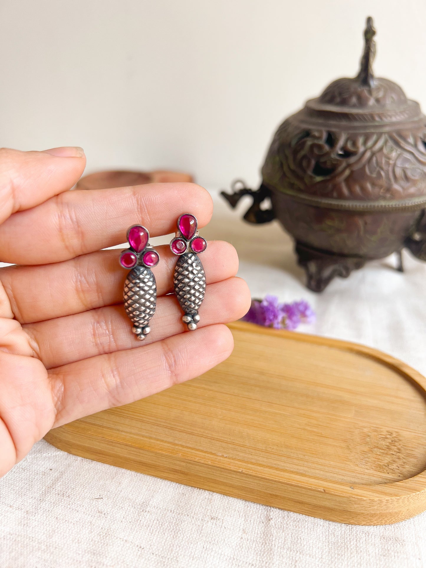 Anandi oxidised silver studs with ruby stone