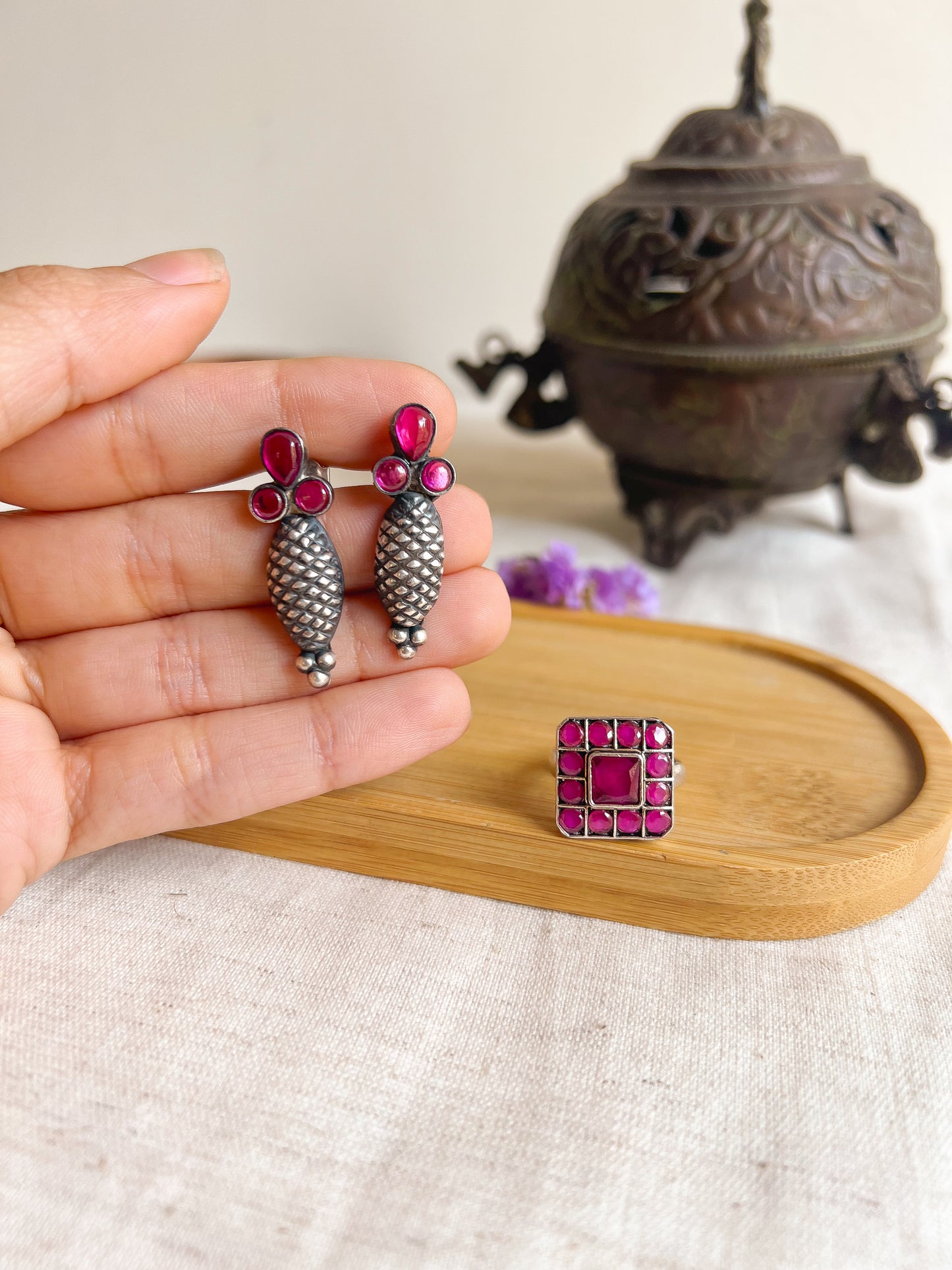 Anandi oxidised silver studs with ruby stone