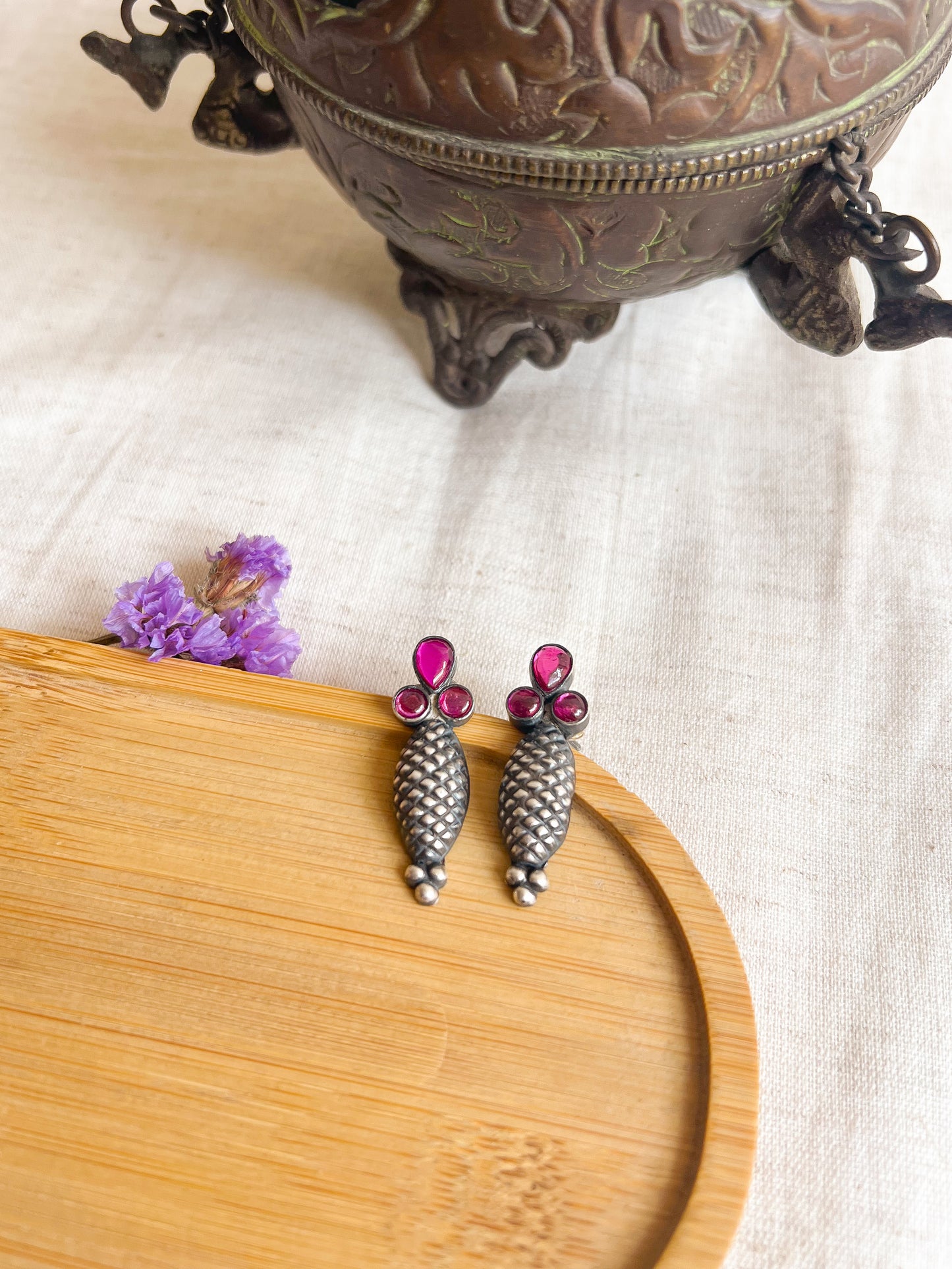 Anandi oxidised silver studs with ruby stone