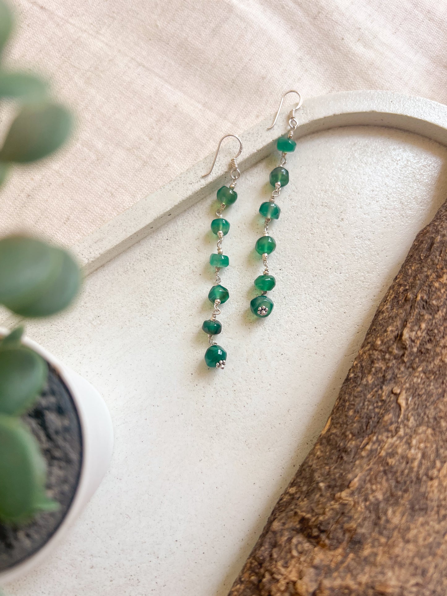 Bela silver danglers with green jade stone