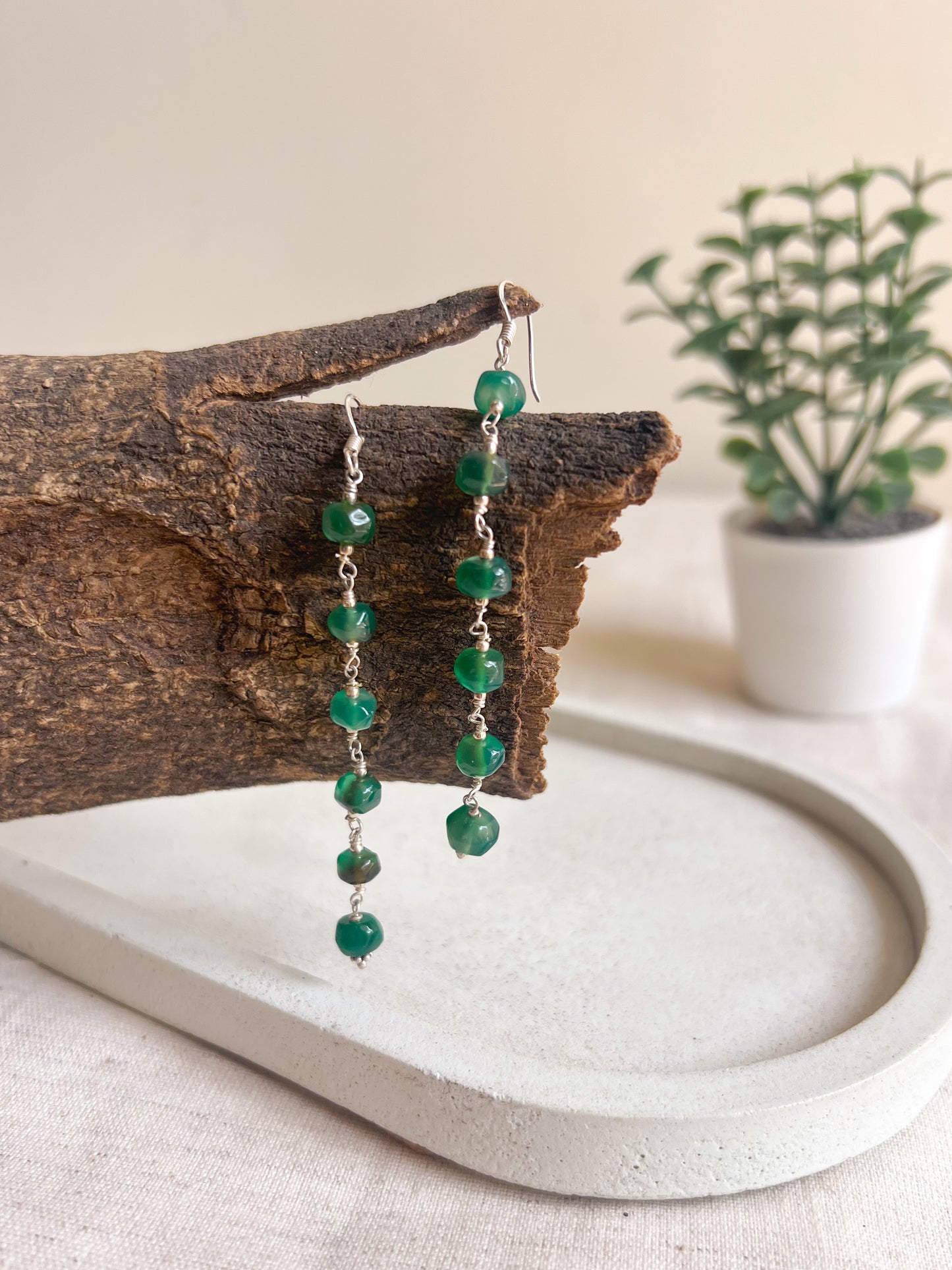 Bela silver danglers with green jade stone