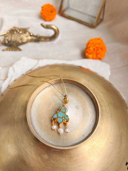 Charvi gold plated peacock motif pendant in turquoise stone (without chain)