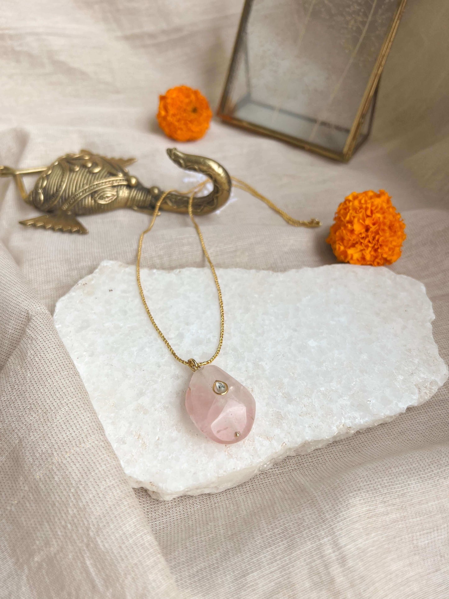 Gulab gold plated silver chain with rose quartz pendant