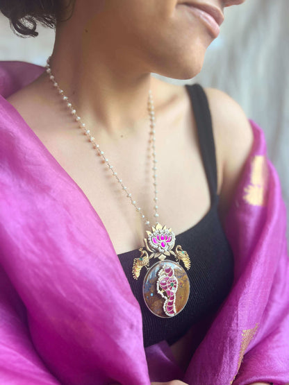 Raga gold plated silver pendant with tiger semi precious stone and pearl chain