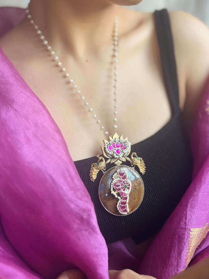 Raga gold plated silver pendant with tiger semi precious stone and pearl chain