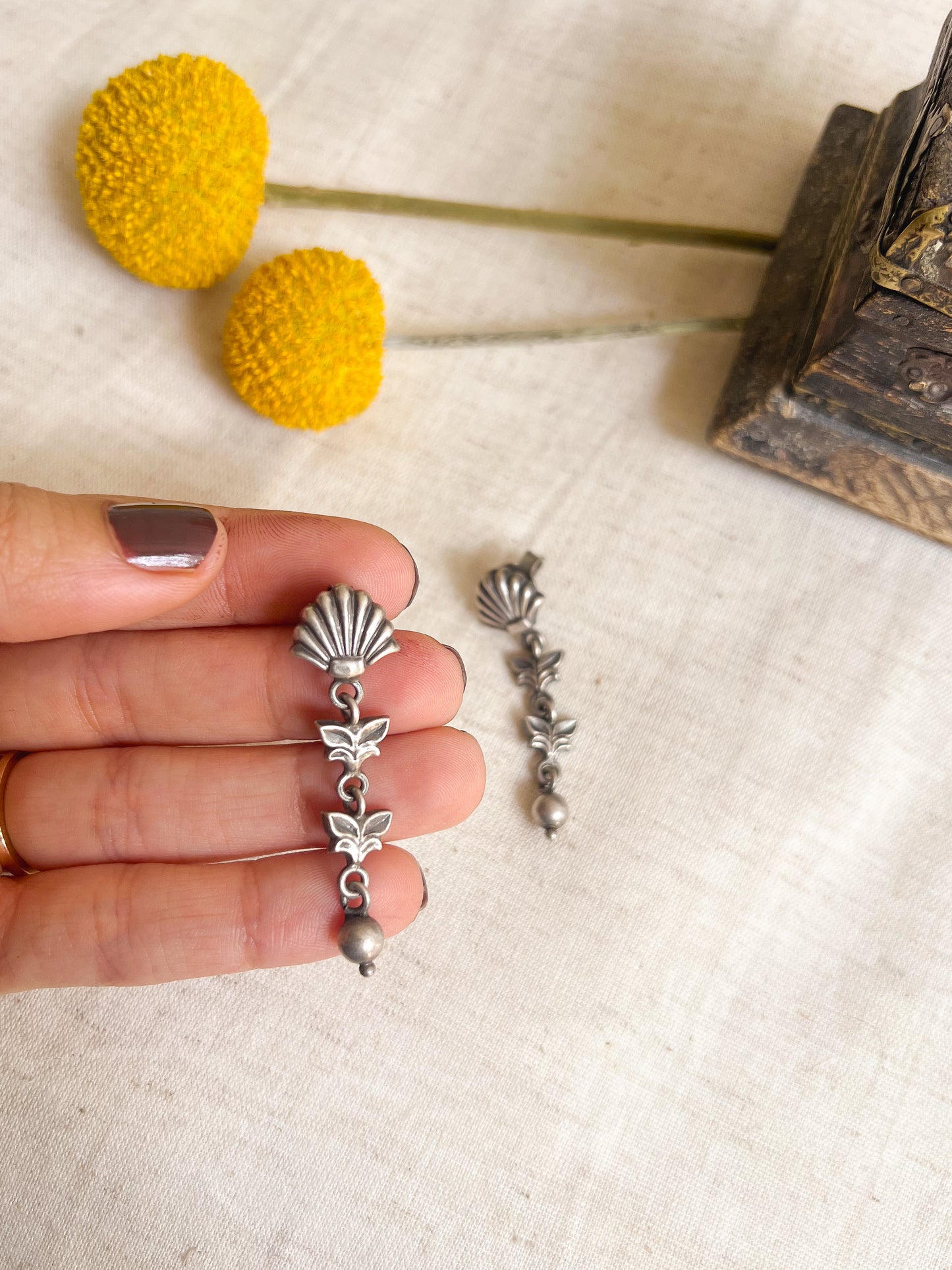 Shankh oxidised silver danglers