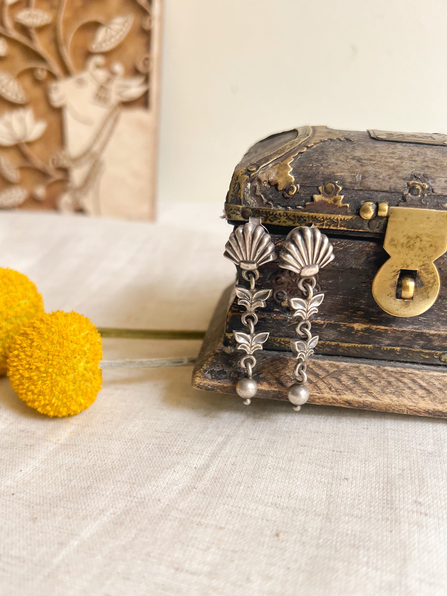 Shankh oxidised silver danglers