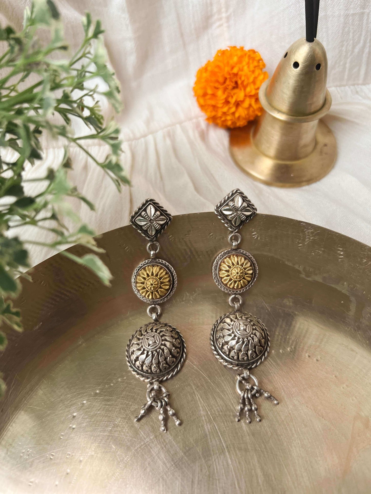 Stupa dual tone danglers in silver with carving