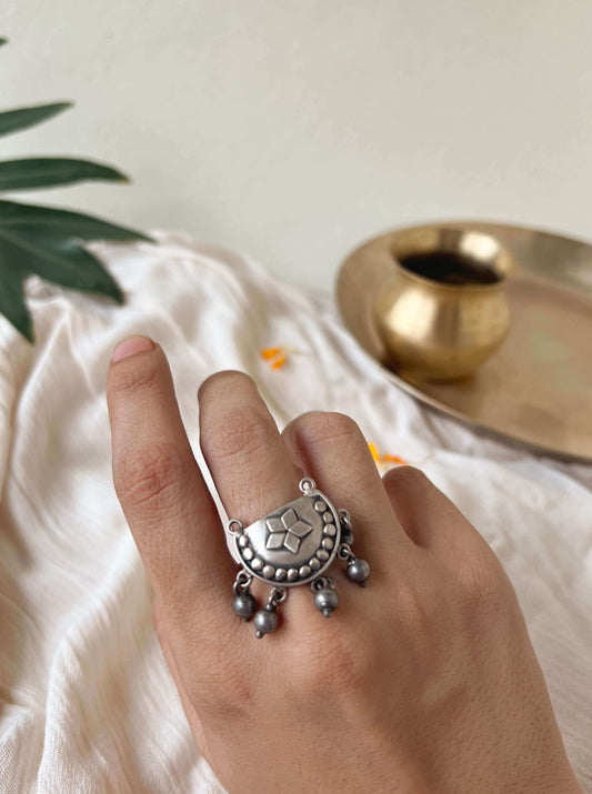 Ardha oxidised silver ring with ghunghroo