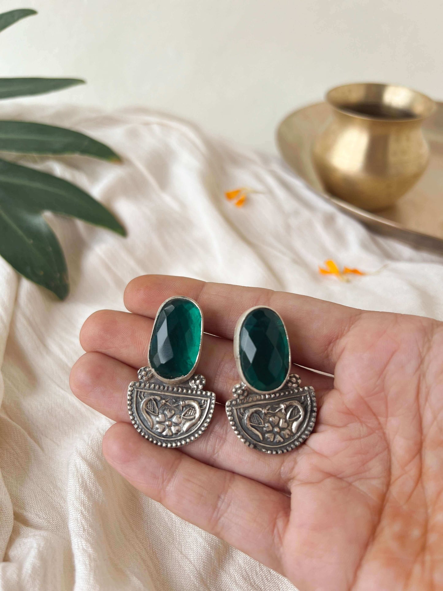 Vasudha oxidised silver earring with green onyx
