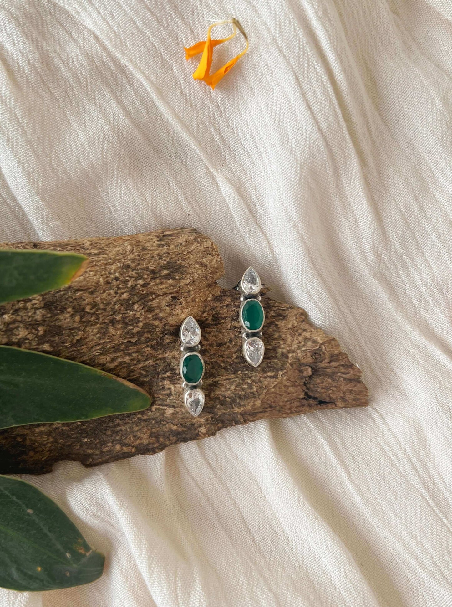 Trinetra mini silver studs with emerald stone