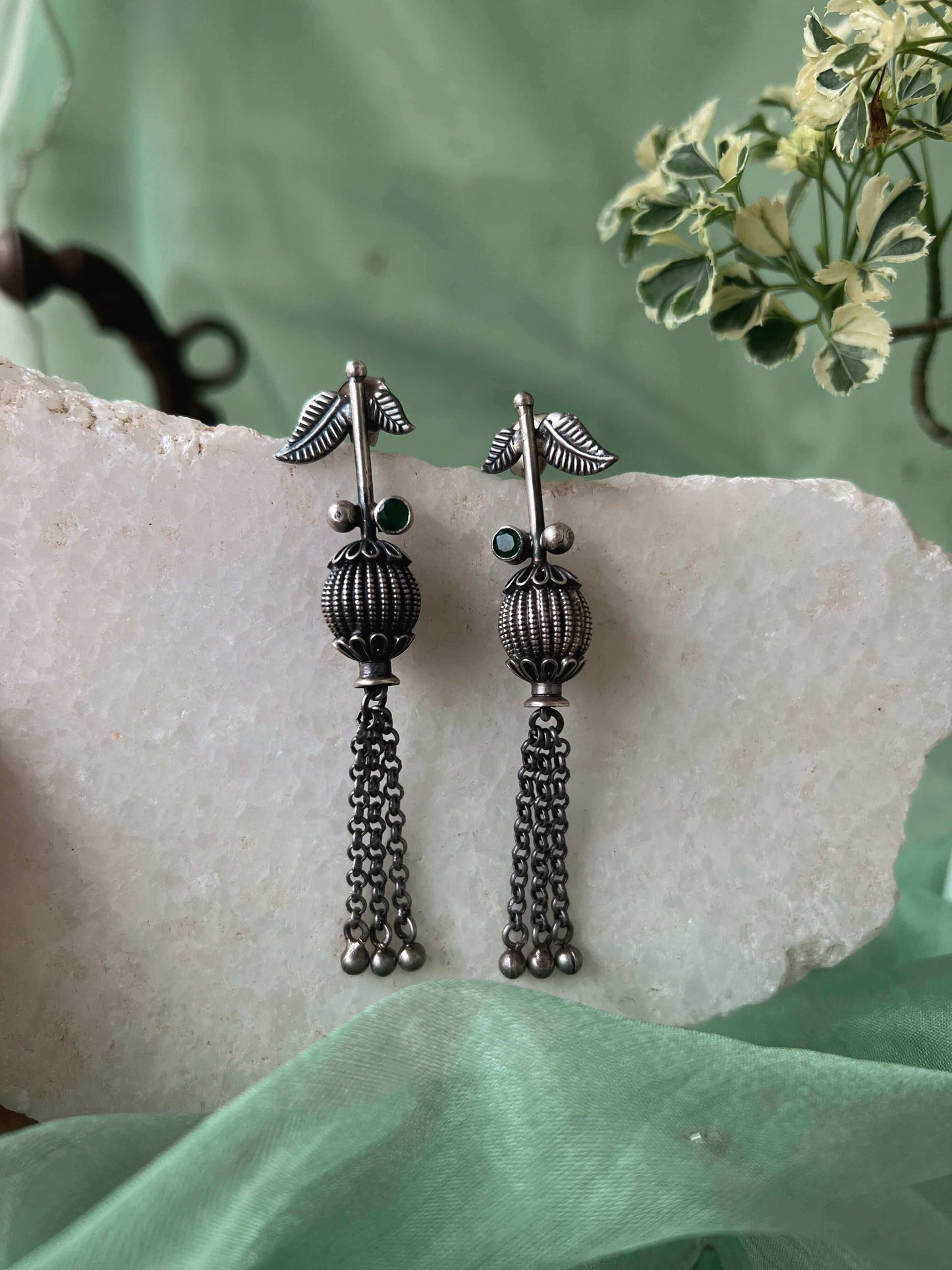 Shriha oxidised silver danglers with chain hangings