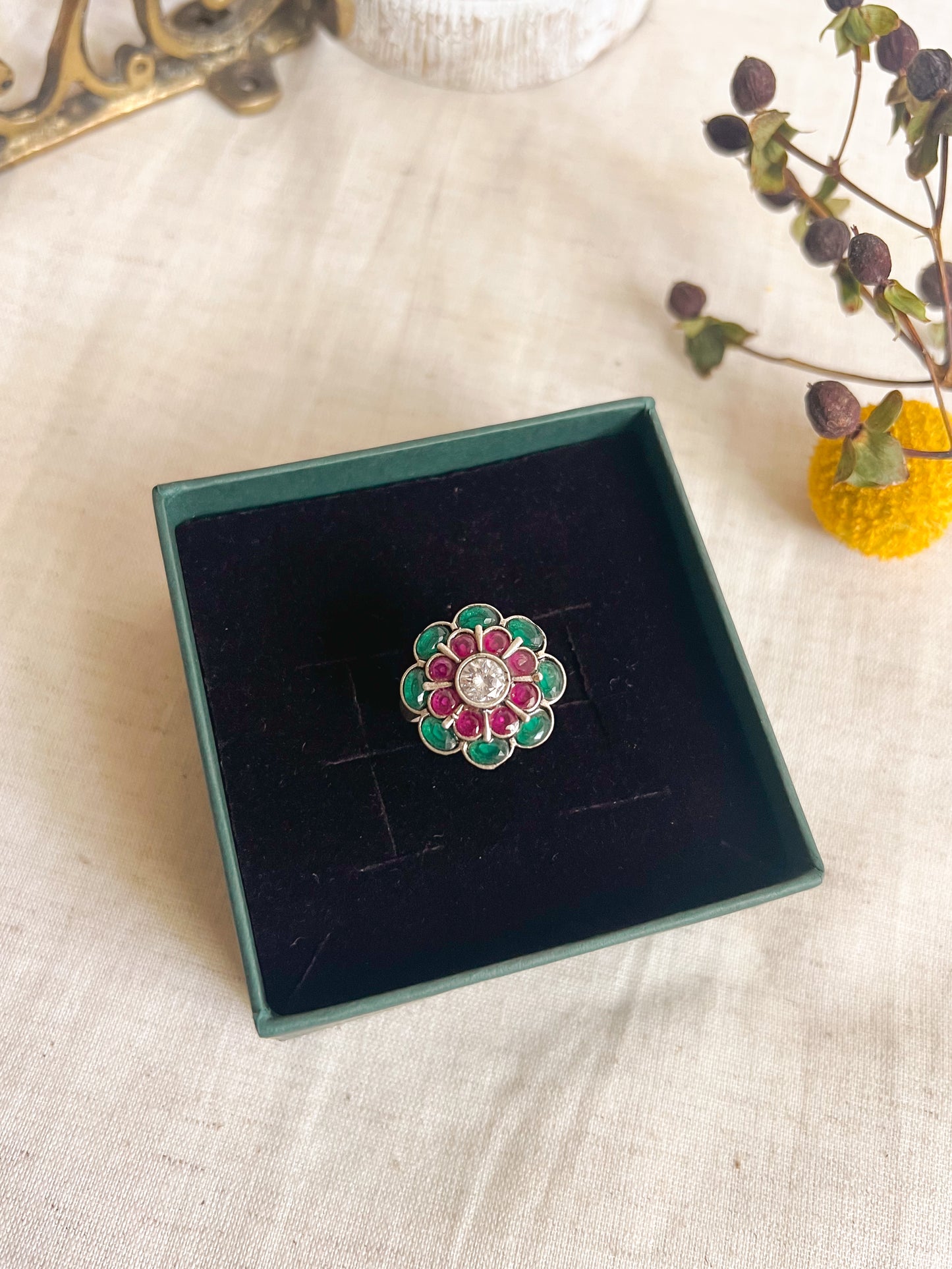 Udrita silver ring with adjustable band and green and ruby onyx