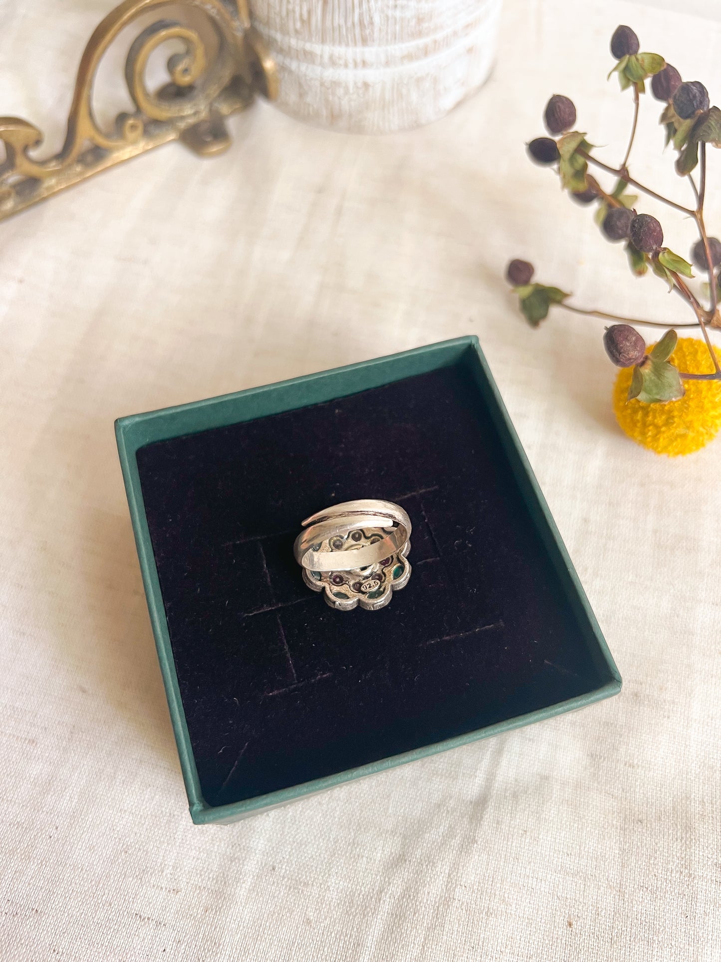 Udrita silver ring with adjustable band and green and ruby onyx