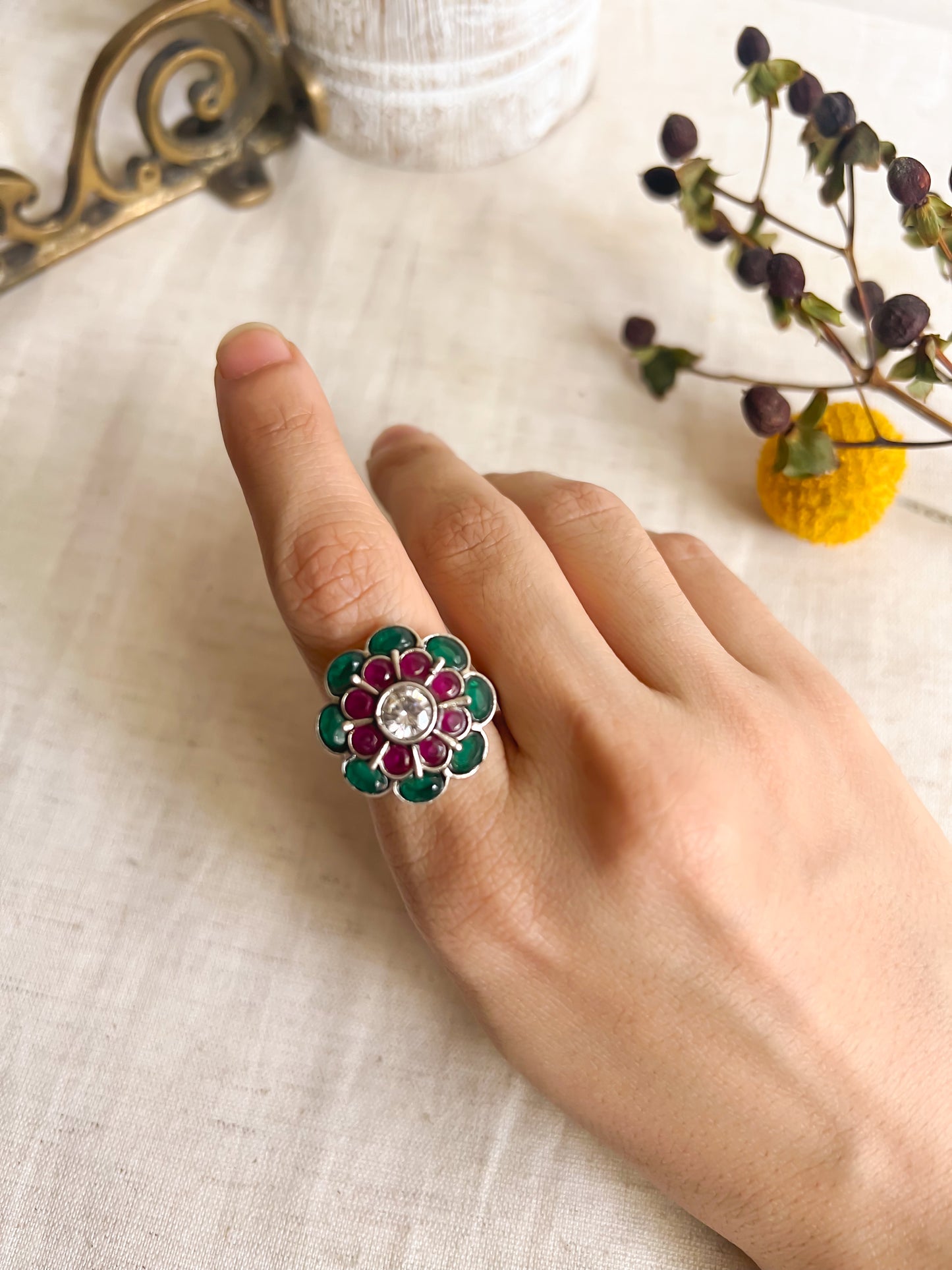 Udrita silver ring with adjustable band and green and ruby onyx