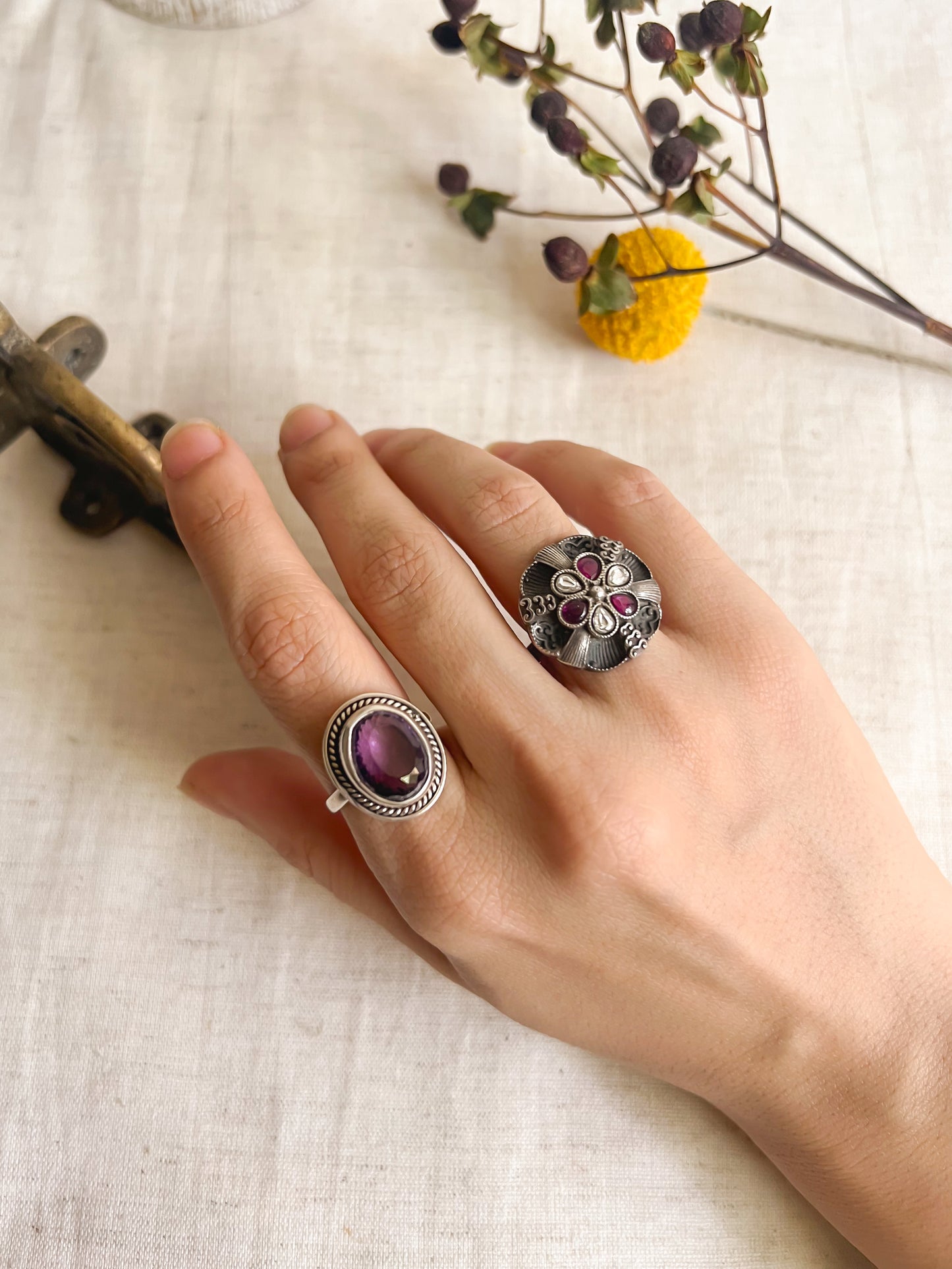 Shanti ring in oxidised sterling silver with purple amethyst(adjustable)