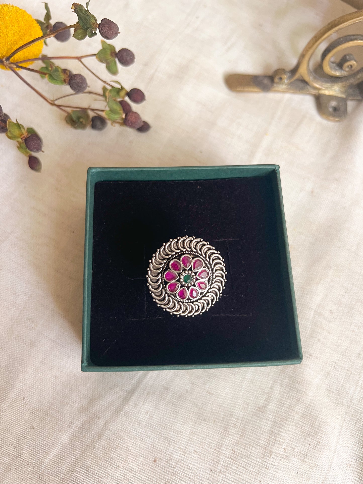 Abhuti oxidised silver ring with ruby onyx (adjustable)