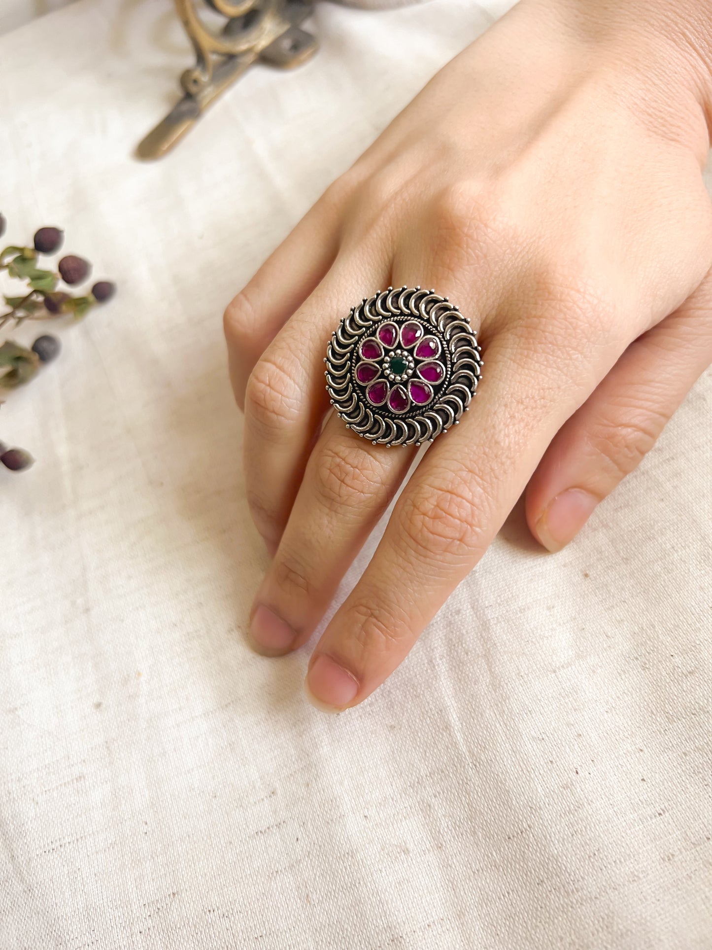 Abhuti oxidised silver ring with ruby onyx (adjustable)