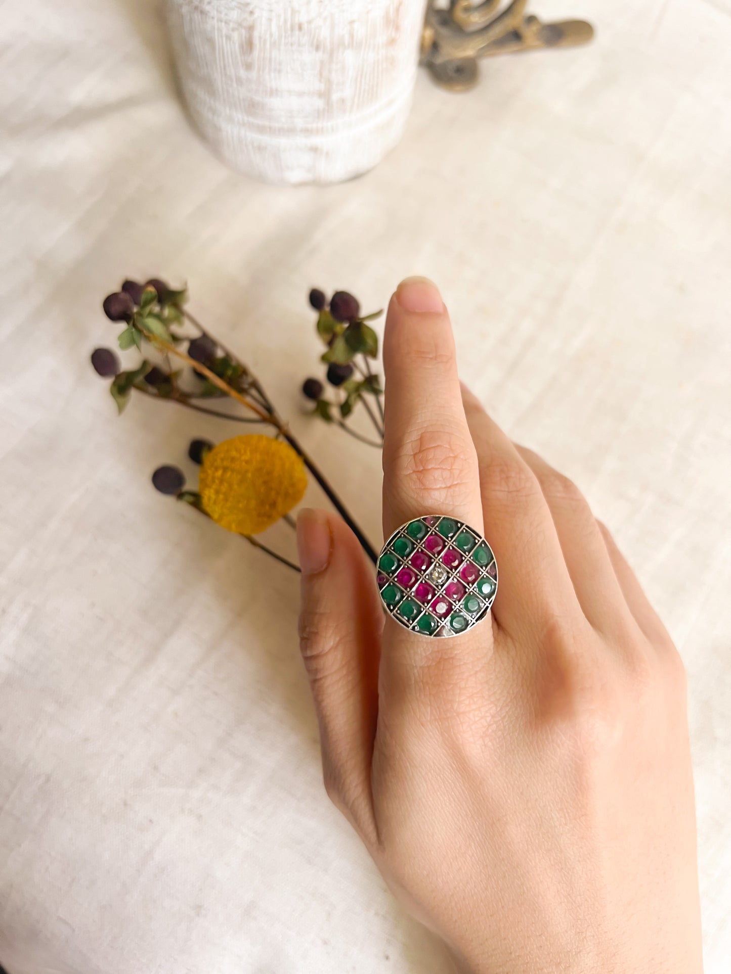 Teertah oxidised silver ring with pink and ruby onyx (adjustable)