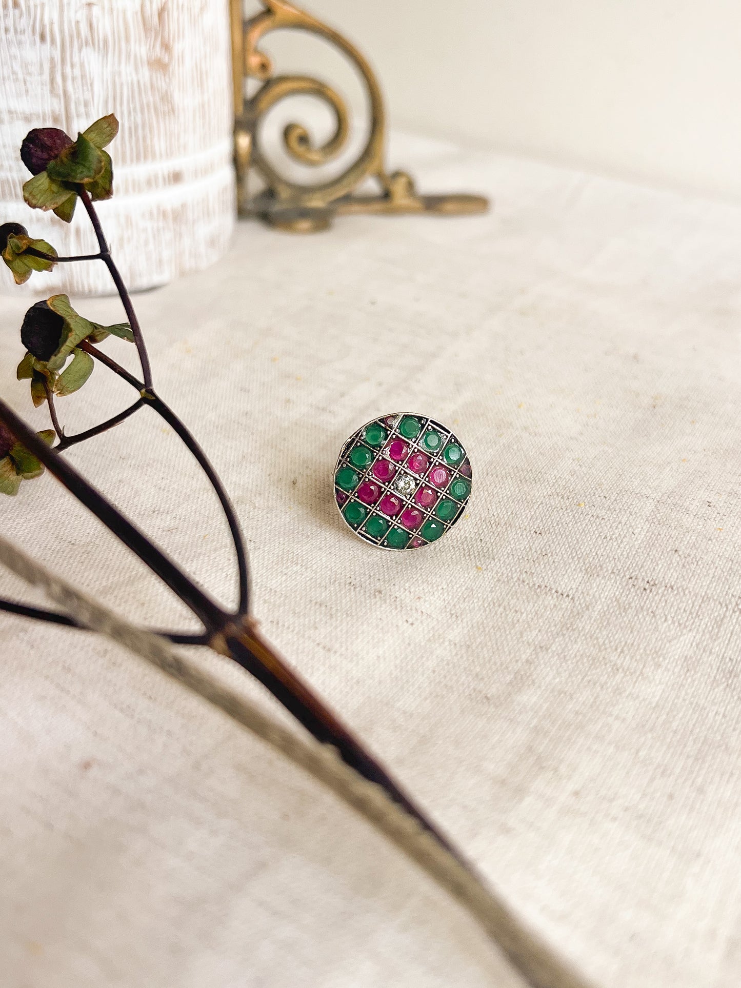Teertah oxidised silver ring with pink and ruby onyx (adjustable)
