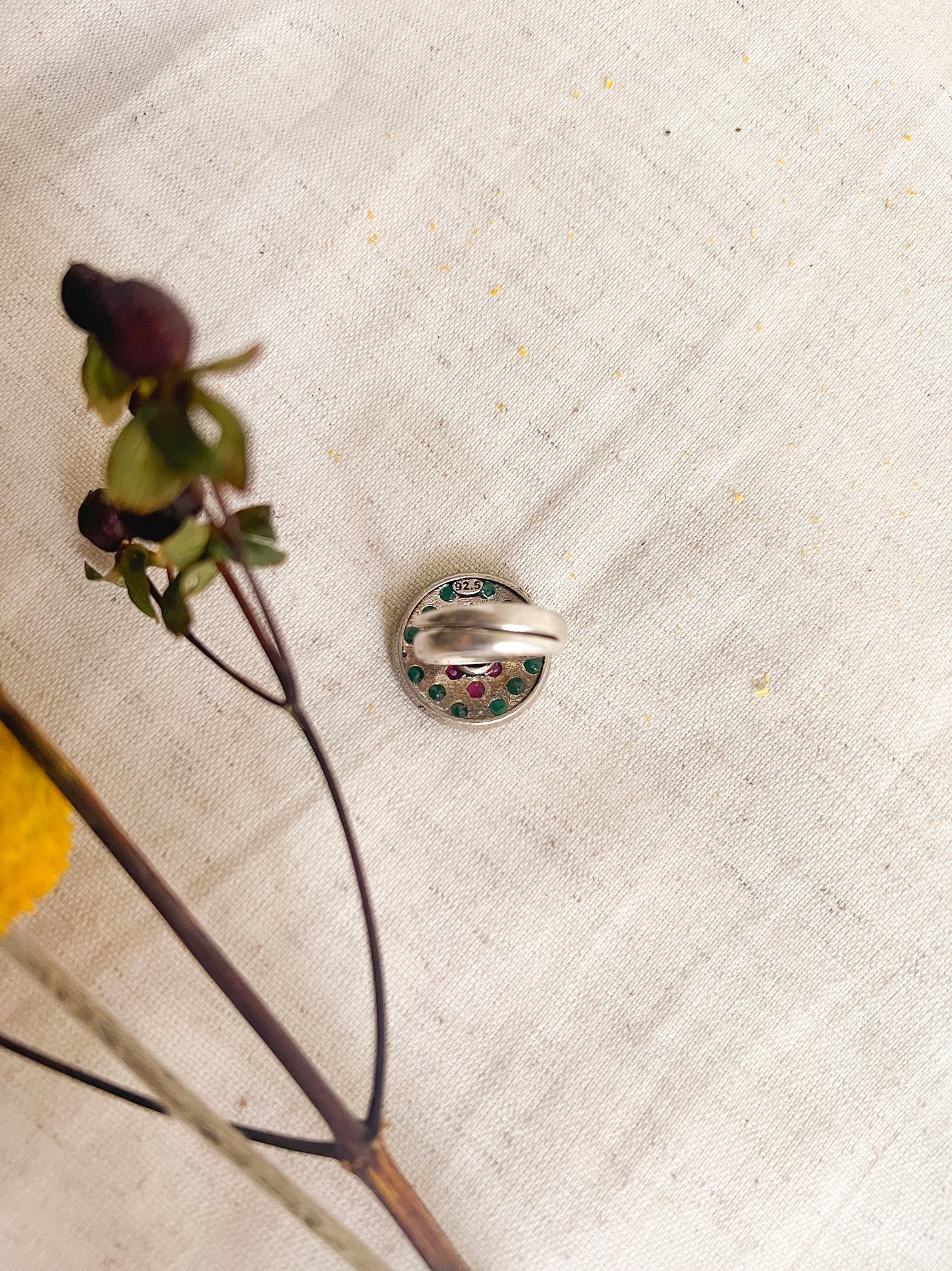 Teertah oxidised silver ring with pink and ruby onyx (adjustable)