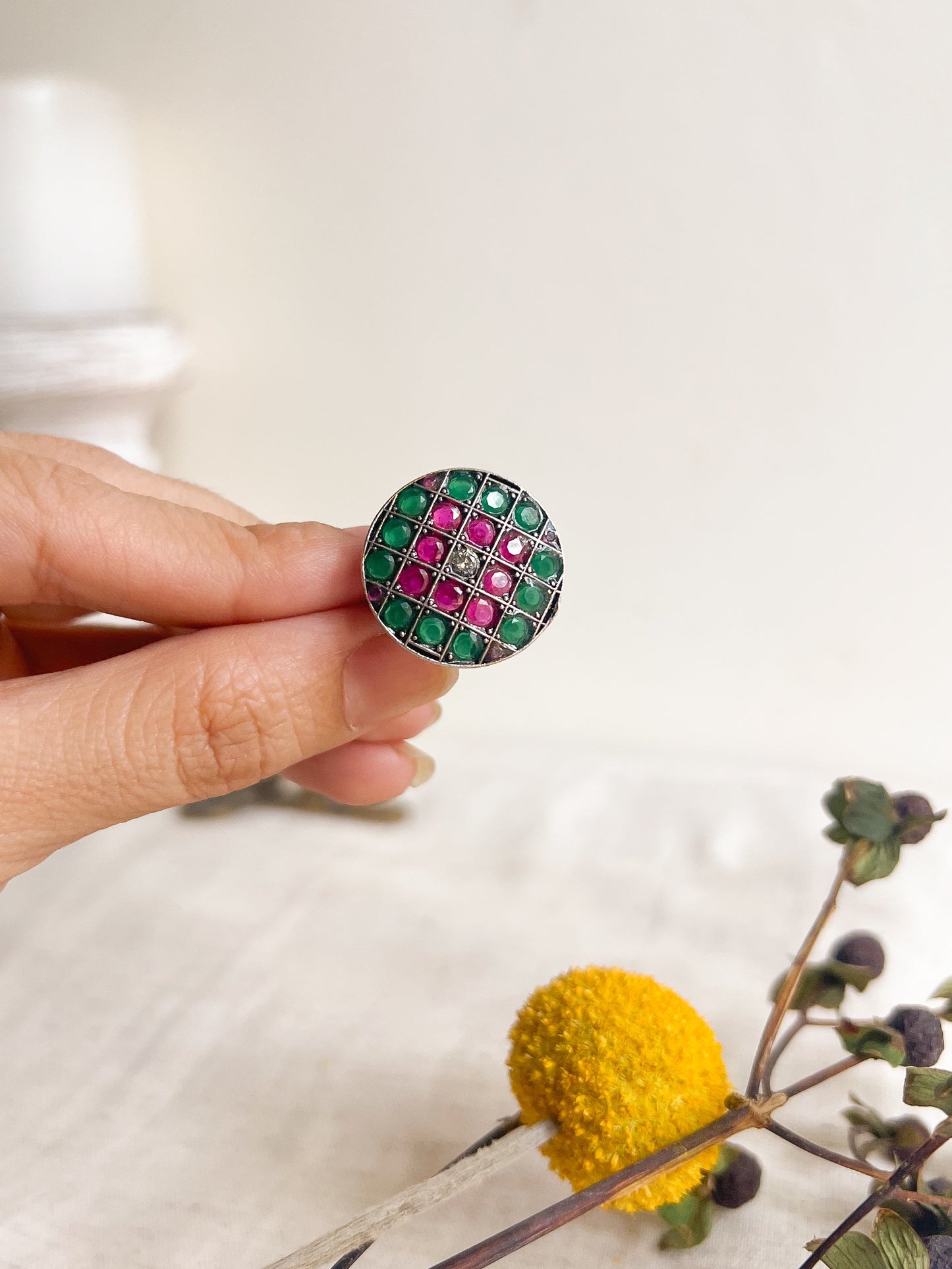 Teertah oxidised silver ring with pink and ruby onyx (adjustable)