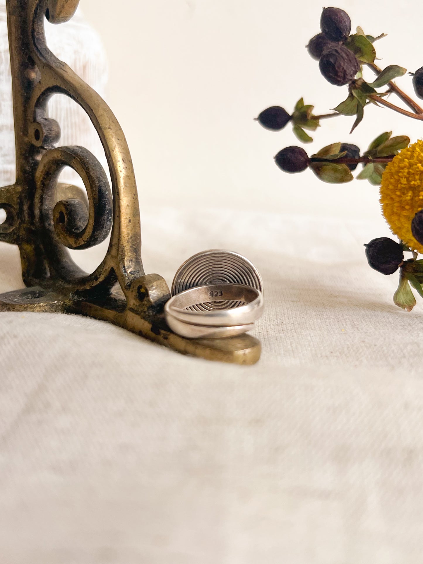 Zeena ring in oxidised silver with green stone (adjustable)