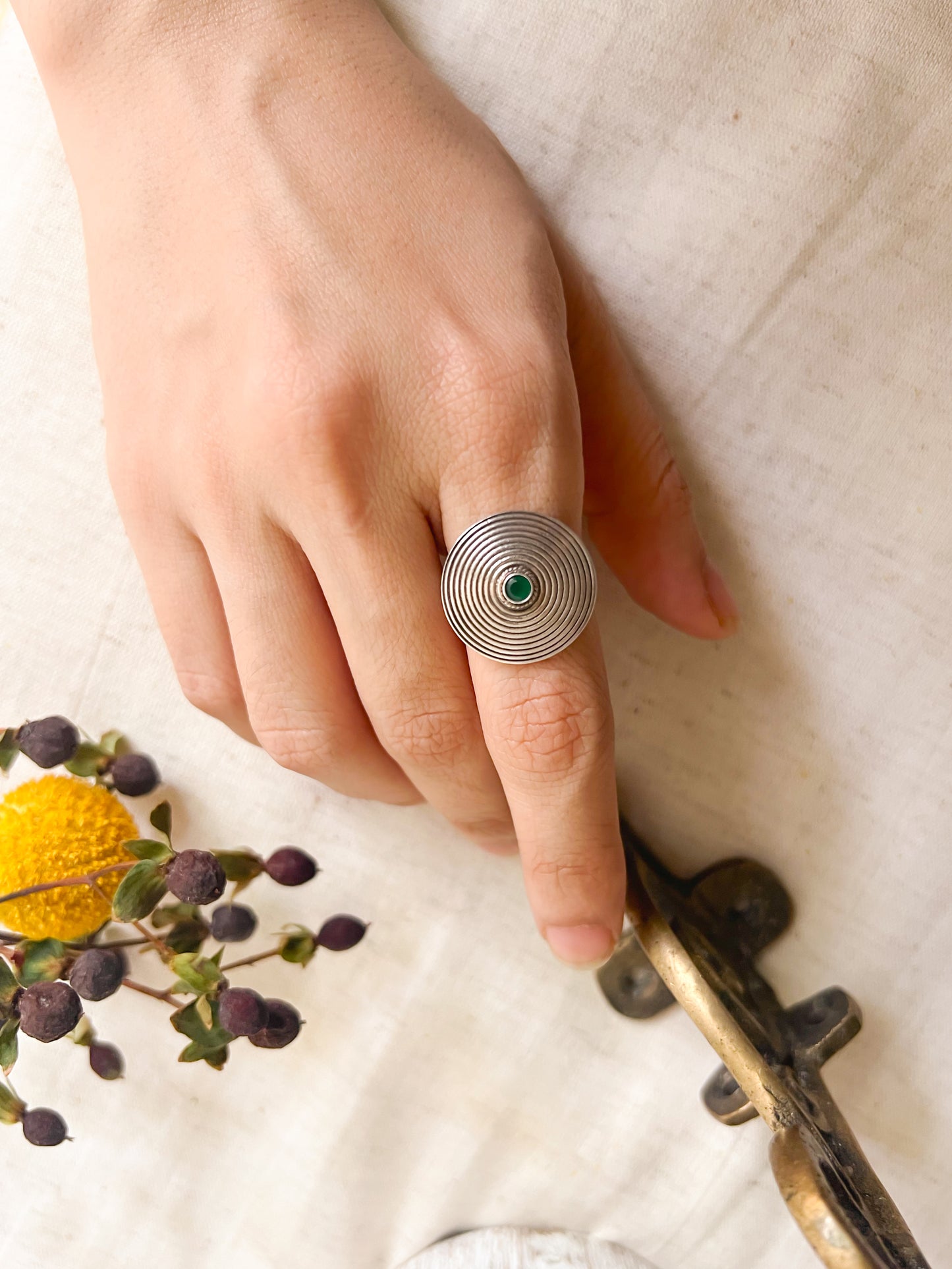 Zeena ring in oxidised silver with green stone (adjustable)