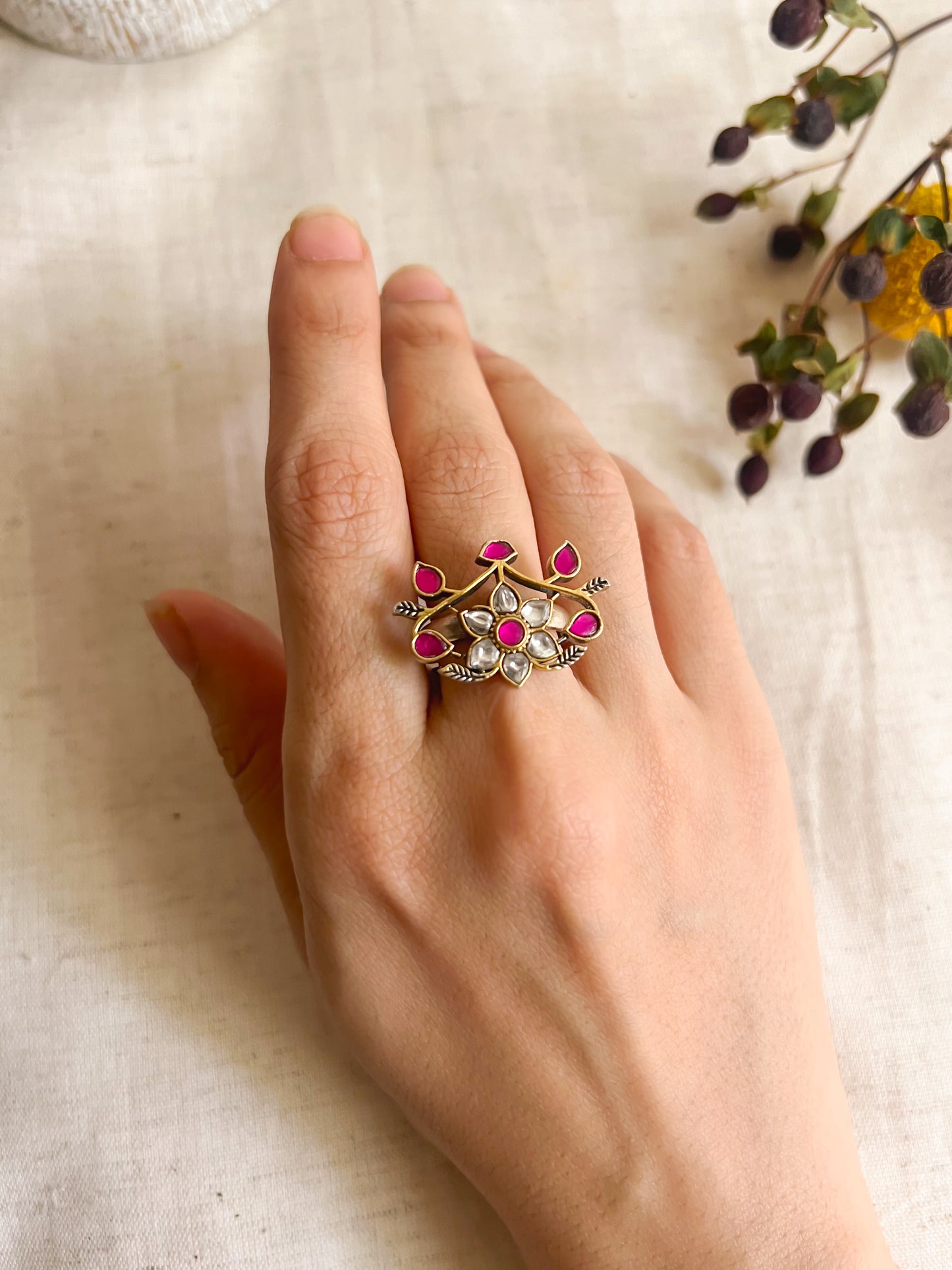 Dwija dual tone silver ring with ruby pink kundan stone (adjustable)