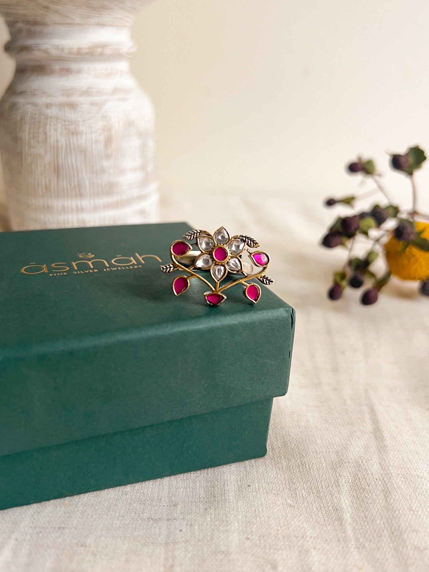 Dwija dual tone silver ring with ruby pink kundan stone (adjustable)