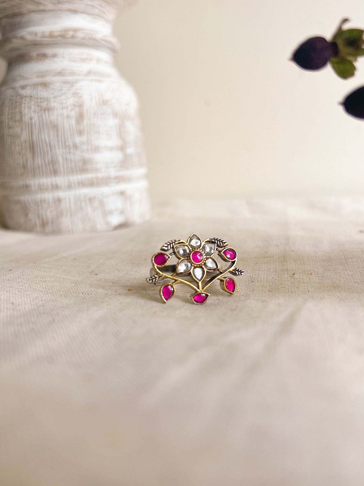 Dwija dual tone silver ring with ruby pink kundan stone (adjustable)