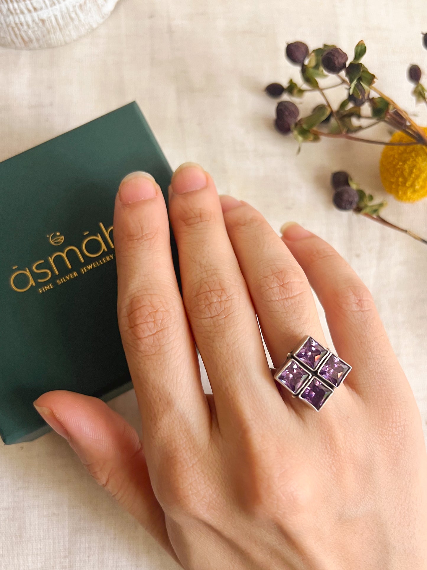 Sharanya ring with purple amethyst quad in silver ( adjustable)