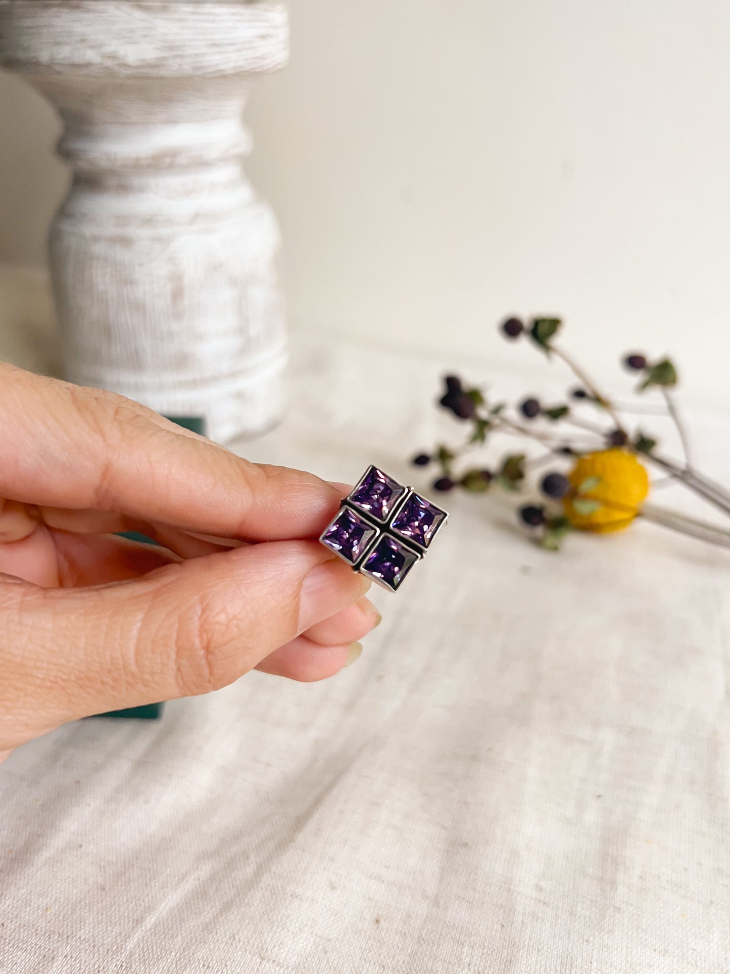 Sharanya ring with purple amethyst quad in silver ( adjustable)
