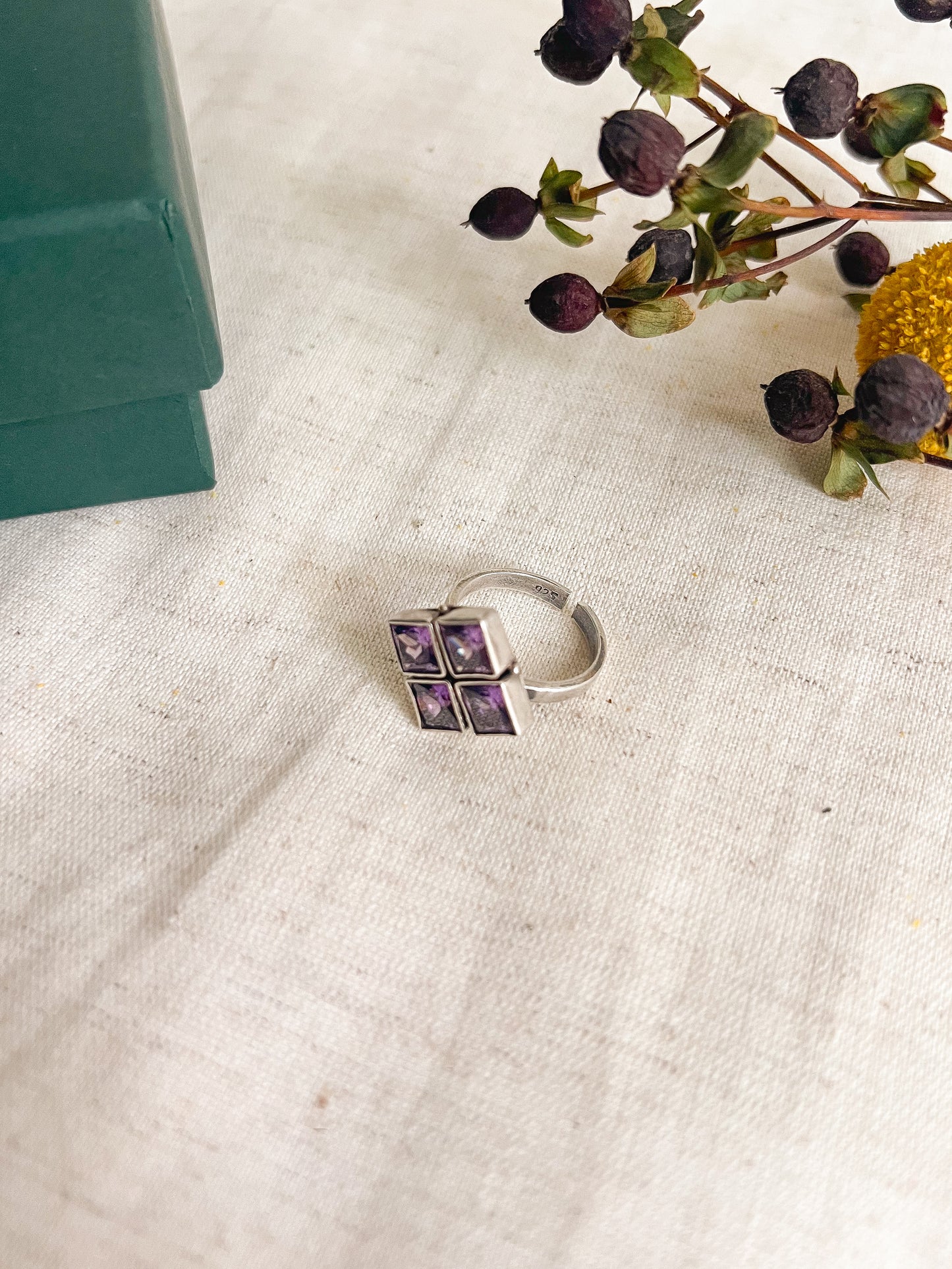 Sharanya ring with purple amethyst quad in silver ( adjustable)
