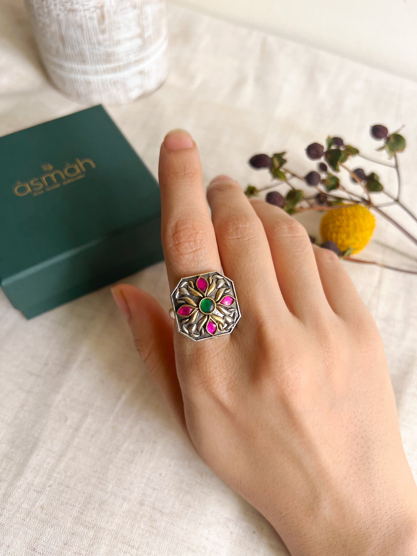 Saroja silver ring in dual tone (adjustable)