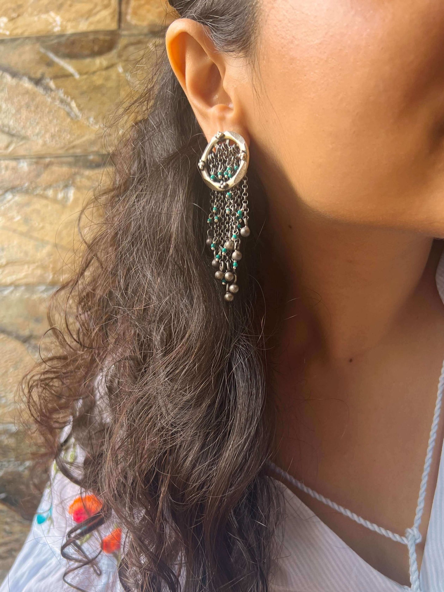 Jharna oxidised silver earring with chain details