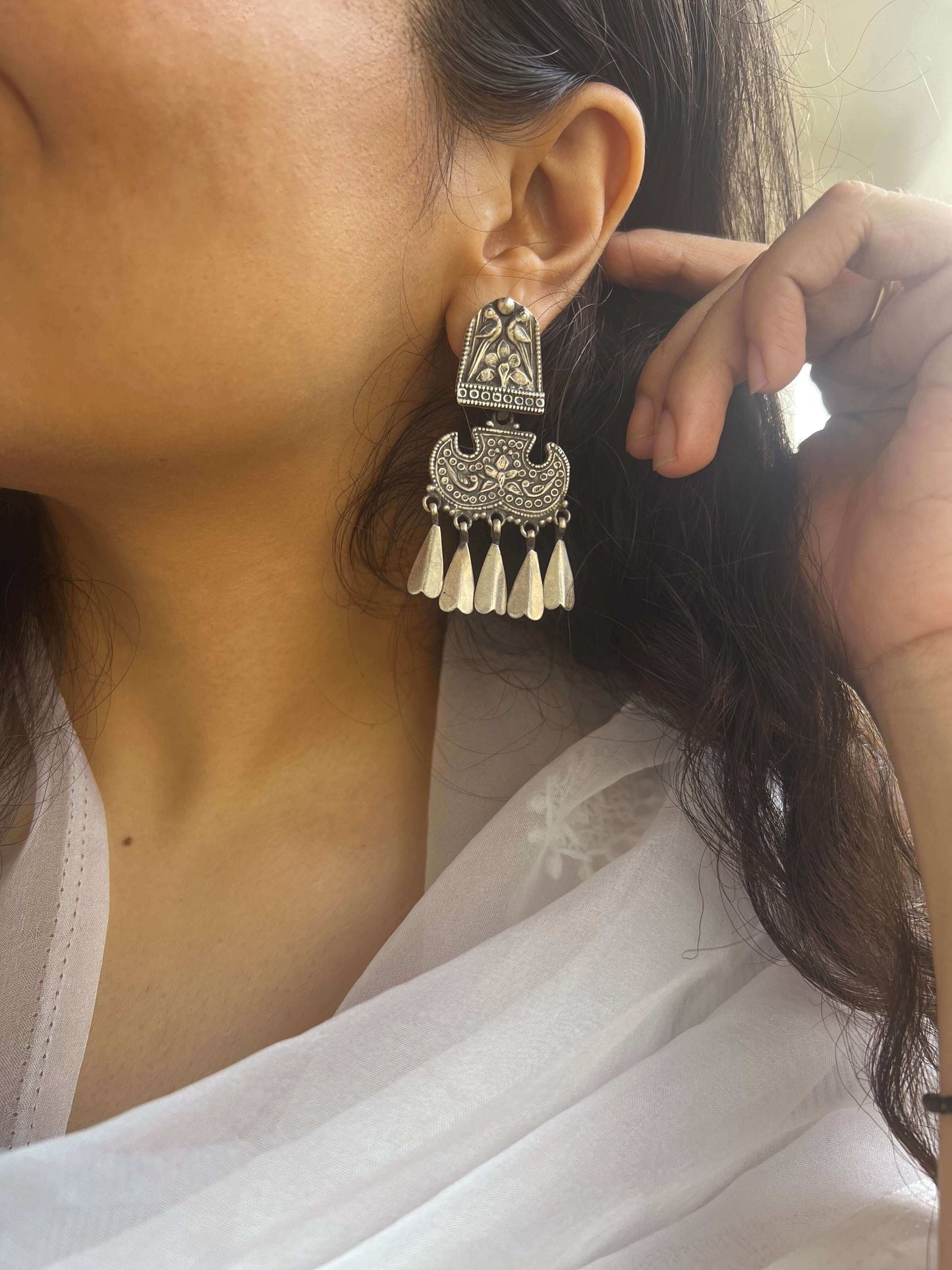 Urmi oxidised silver earring with petal hangings