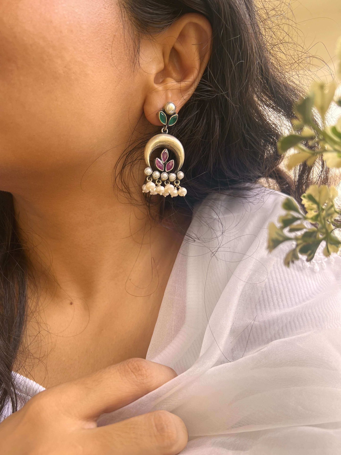 Gulshan silver earrings with emerald and ruby onyx