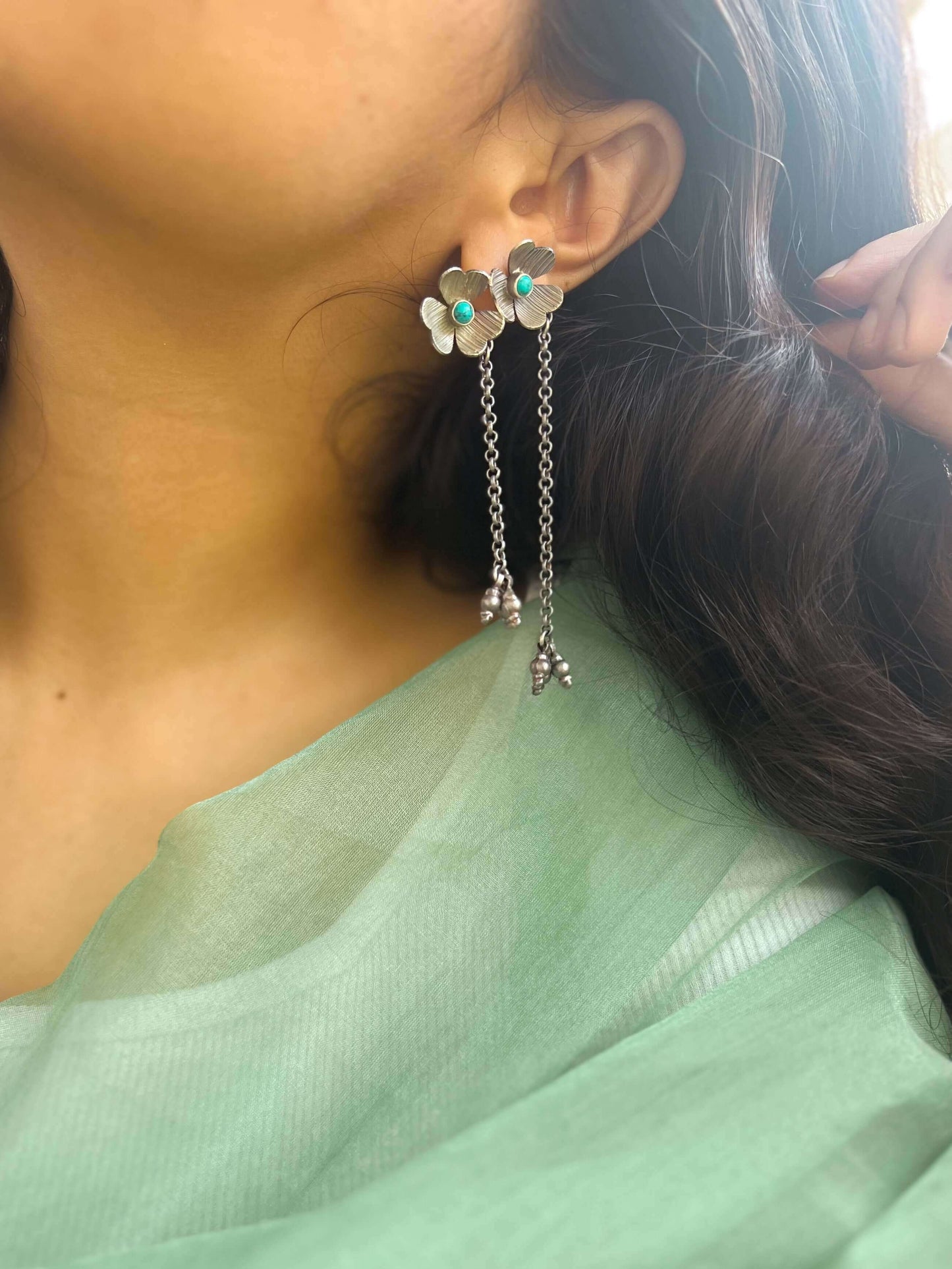 Ketki oxidised silver earring with silver ghunghroo hang chains
