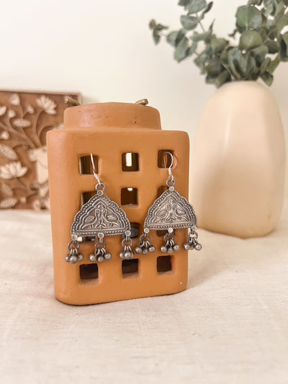 Toran earrings with ghunghroo detail in oxidised silver