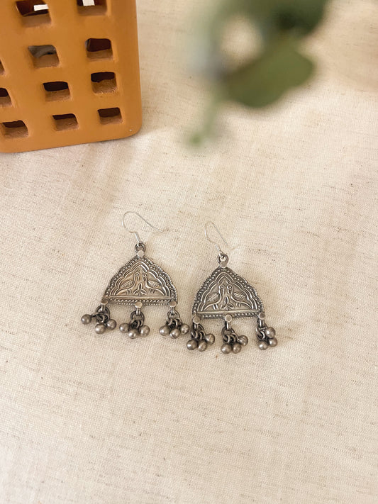 Toran earrings with ghunghroo detail in oxidised silver